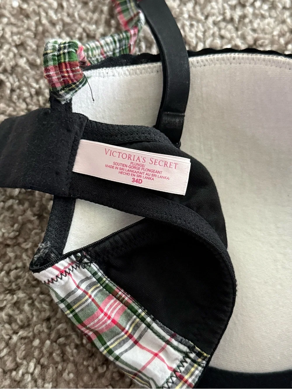Victoria’s Secret 34D Plaid Tartan Plunge Bra Black Preppy Academia Y2K
